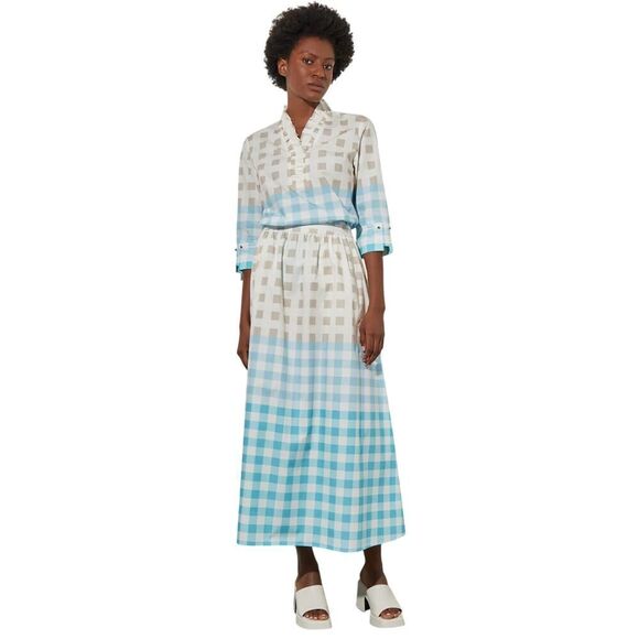 MING WANG Women's Two Piece Gingham Cotton Poplin Skirt Set Blue/Tan Size Small
